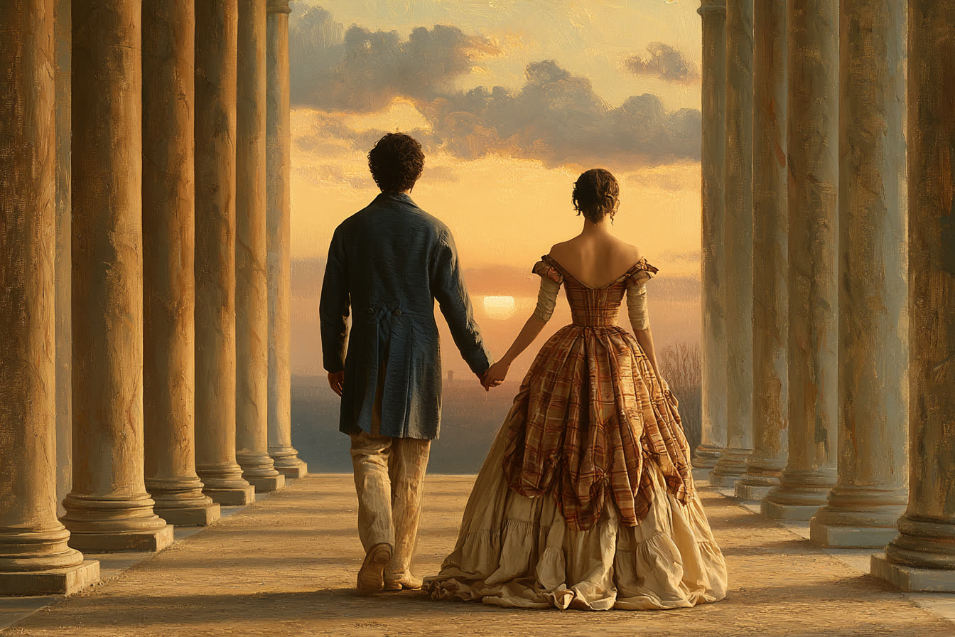 Fresco of a couple walking away together down a cypress-lined path